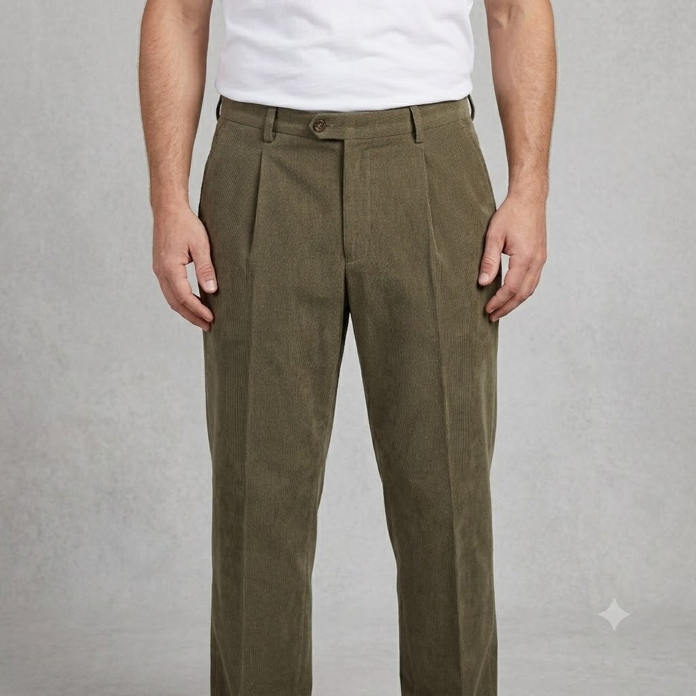 Bugatchi‎ Uomo Men's Pleated Fine Wale Corduroy Trousers 32x36 Olive Brown EUC